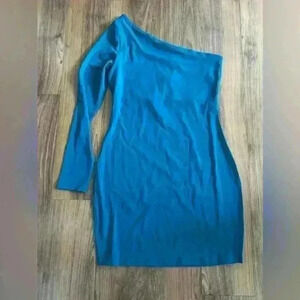 $168 Susana Monaco Teal One Arm Long Sleeve Mini Jersey Dress Bodycon Asymmetric